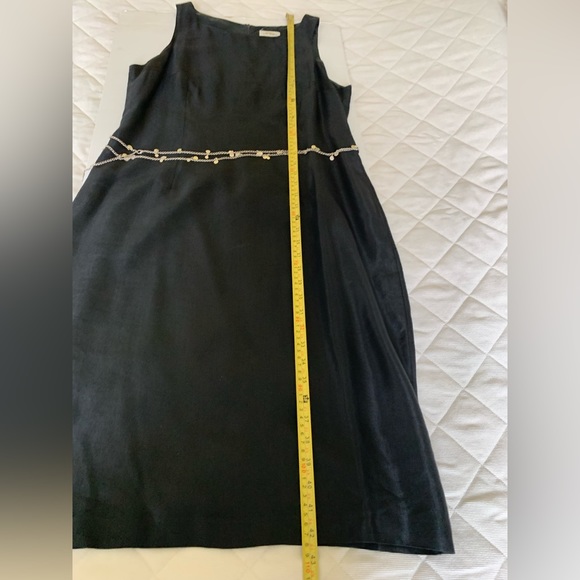 Black shiny linen midi prom party dress sleeveless silver metal chain belt US 10 - Picture 16 of 16